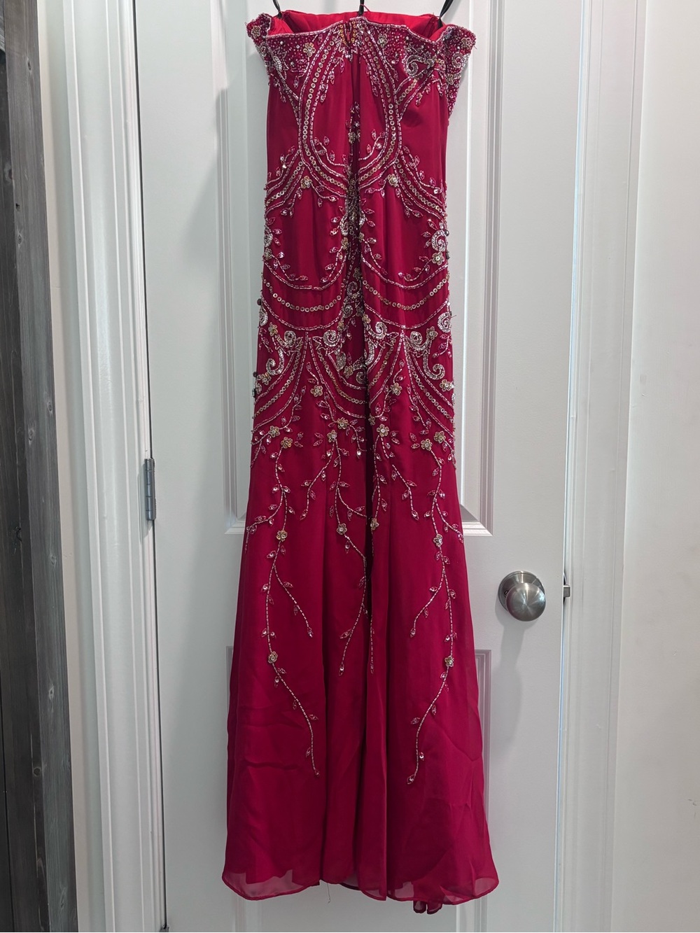 Riva Designs Beaded Strapless Red Evening Gown - Picture 11 of 16